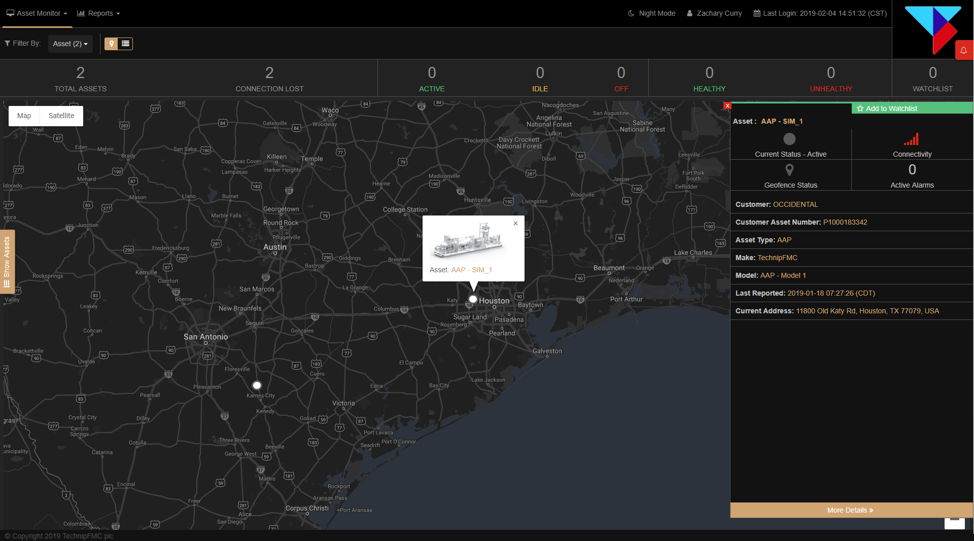 Real-time job and asset dashboard shows location, client, asset health and critical alerts.